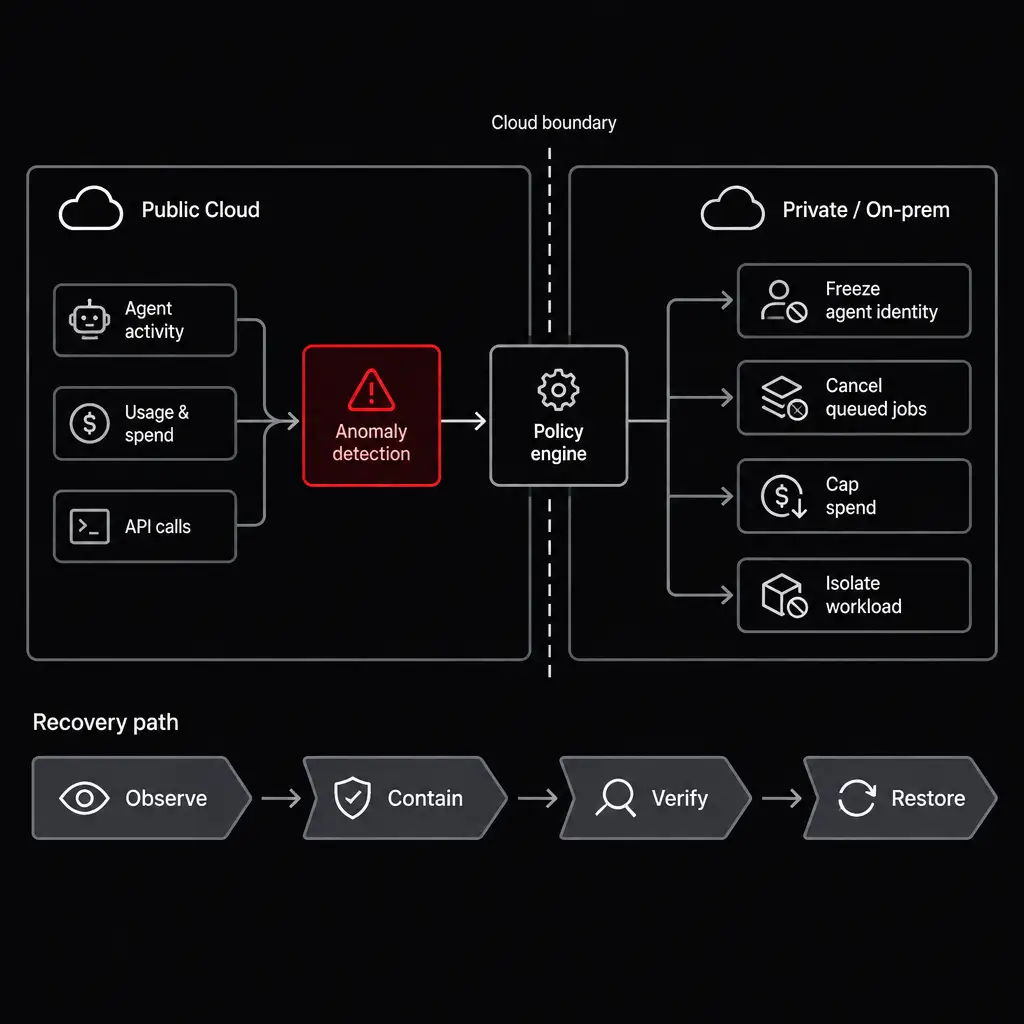 A containment flow across two cloud environments: anomaly detection feeds a policy engine, which simultaneously freezes the agent identity, cancels qu