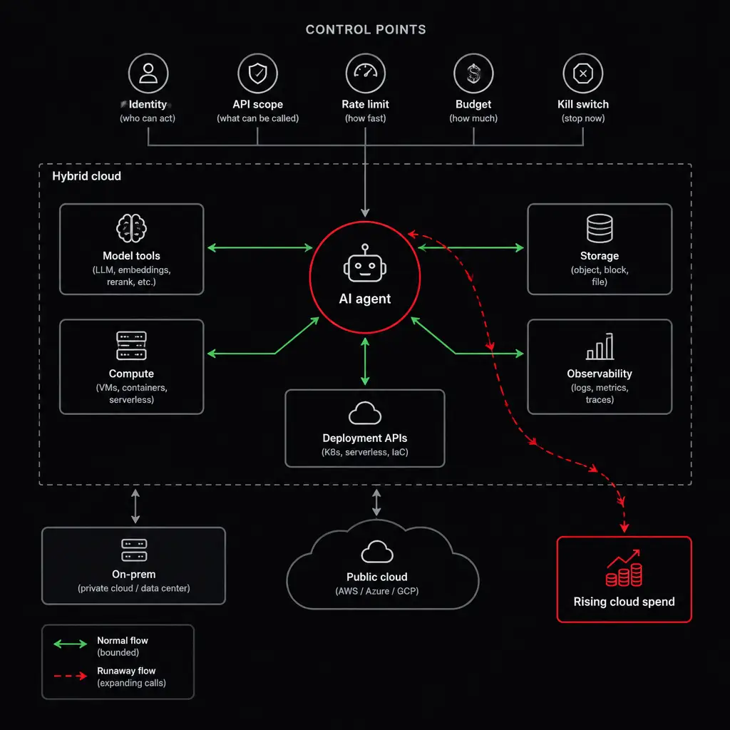 A hybrid-cloud architecture diagram with an AI agent at the center connected to model tools, compute, storage, observability, and deployment APIs. Sho