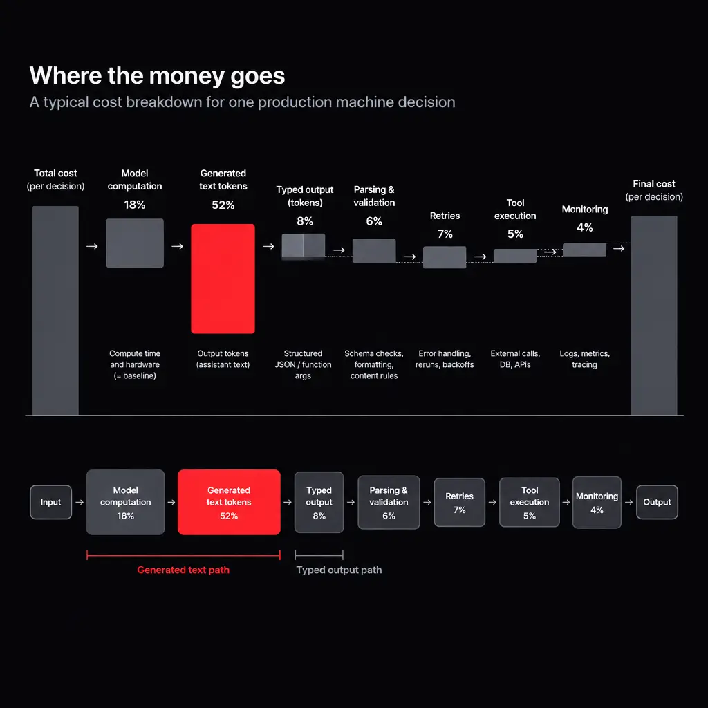 An annotated cost waterfall for one production machine decision: model computation, generated tokens, parsing and validation, retries, tool execution,