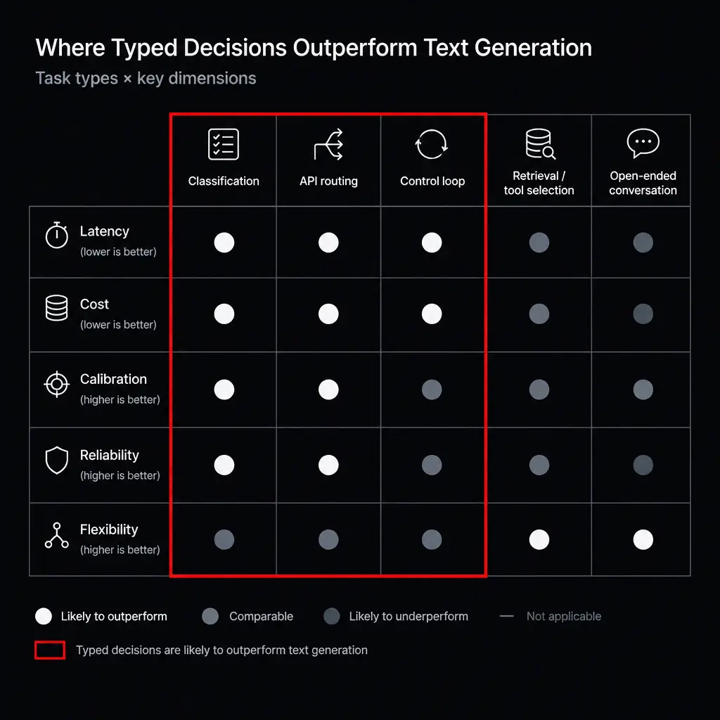 A benchmark matrix arranged by task type: classification, API routing, control loop, retrieval/tool selection, and open-ended conversation. Use rows f